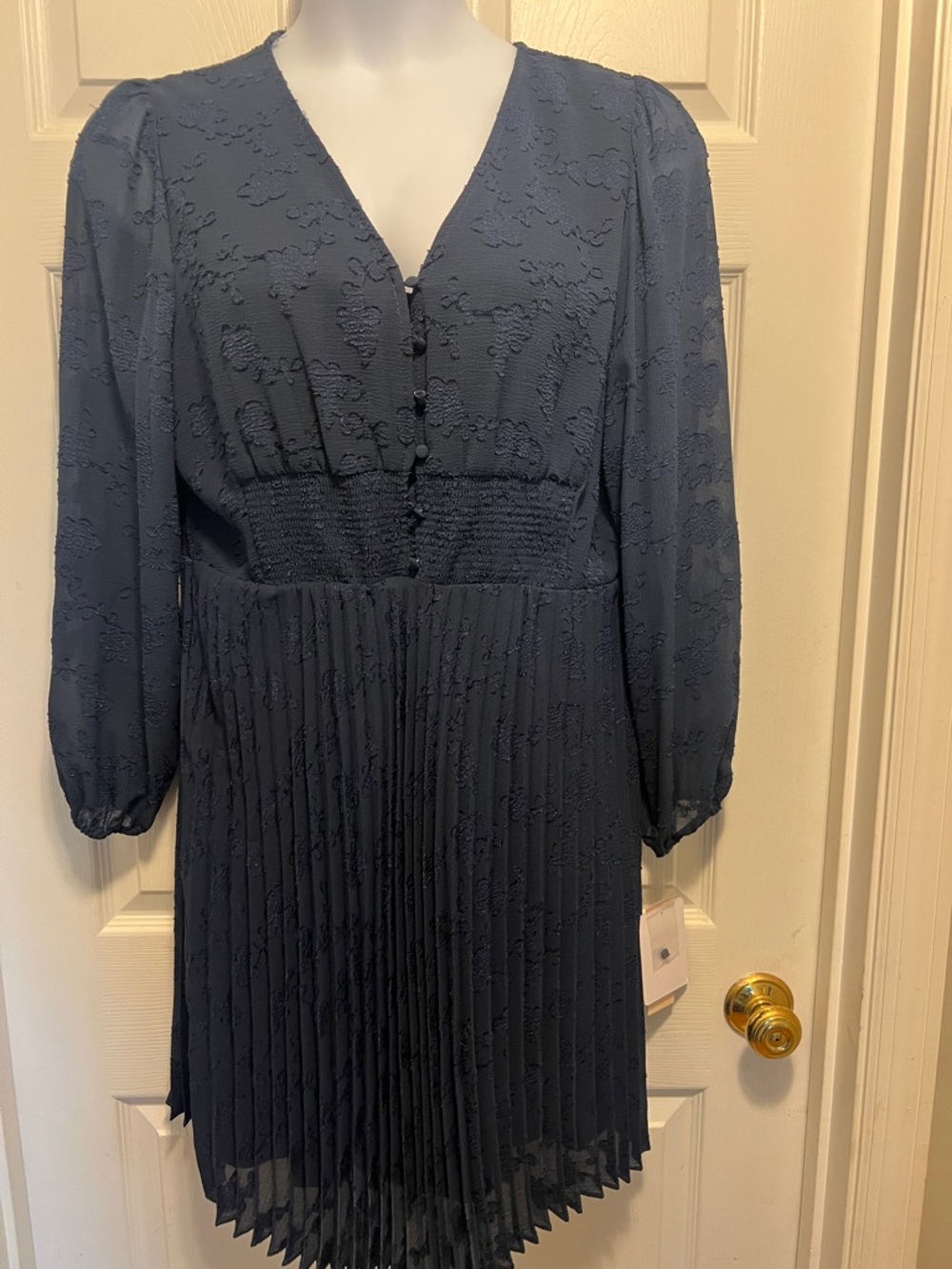 Nanette Lepore Navy Textured V-Neck Long Sleeve Pleated Dress